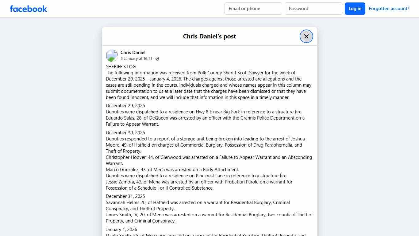 Chris Daniel - SHERIFF’S LOG The following information was... Facebook